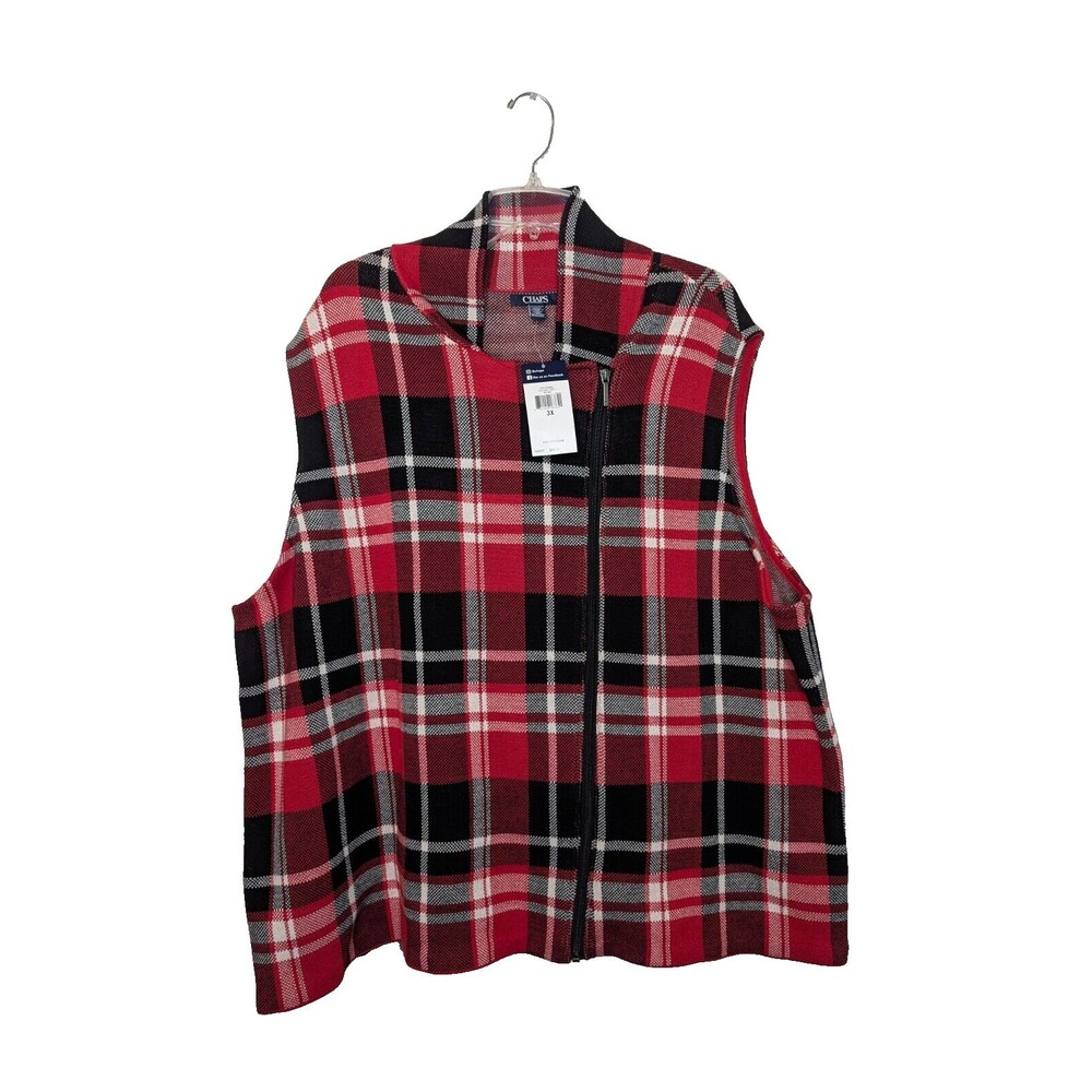 Chaps Womens Red Plaid Asymmetrical Vest Sz 3X Full Zip Knit NWT